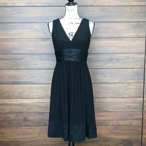 V Neck Little Black Dress Satin Waist Midi Dress